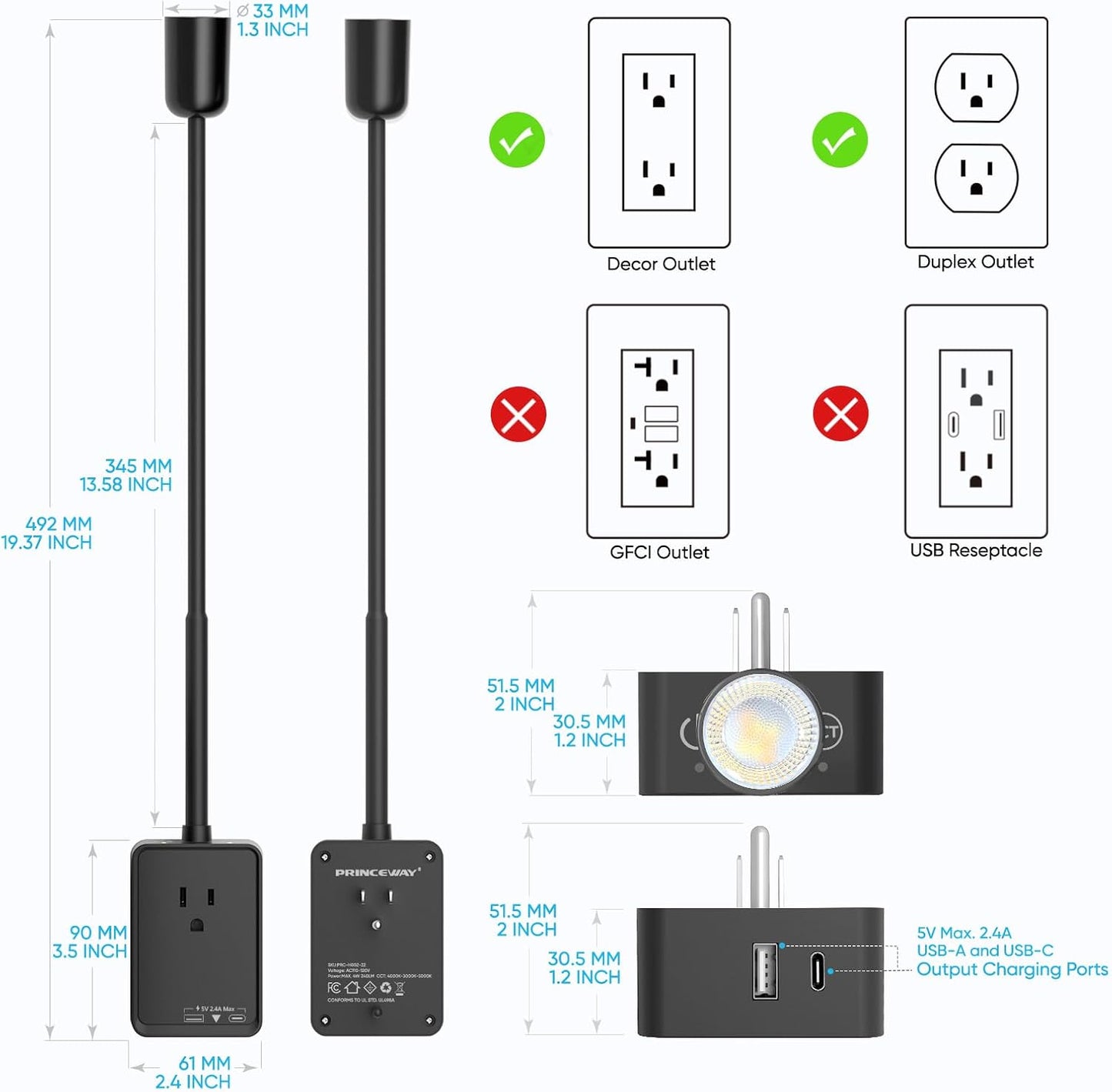 Plug in LED Book Reading Spot Light, White Dimmable Wall Sconce Lamp with Power Plug and Outlet Extender for Kitchen Bedroom Living Room, 3 Lighting Colors, USB Output Charging Ports