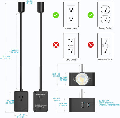 Plug in LED Book Reading Spot Light, White Dimmable Wall Sconce Lamp with Power Plug and Outlet Extender for Kitchen Bedroom Living Room, 3 Lighting Colors, USB Output Charging Ports