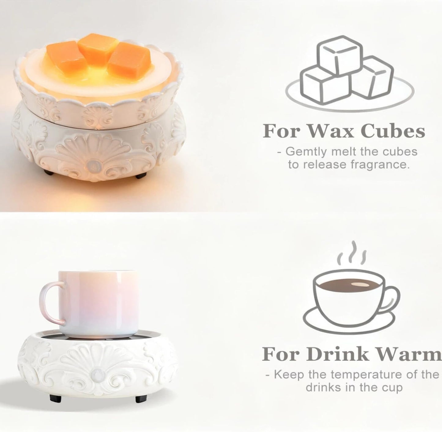 ASAWASA 2PCS Smart Candle Warmer for Large Jar, Coffee Mug Warmers, with Gravity Switch Auto Shut-On/Off, Safely and evenly Release The Aroma, Keep The Drink Warmth, Best Ideals Valentines Day Gifts