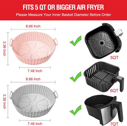 2 Pack Air Fryer Silicone Liners Pot for 3 to 5 QT, Basket Bowl, Replacement of Flammable Parchment Paper, Reusable Baking Tray Oven Accessories, Red+Blue, (Top 8in, Bottom 6.75in)