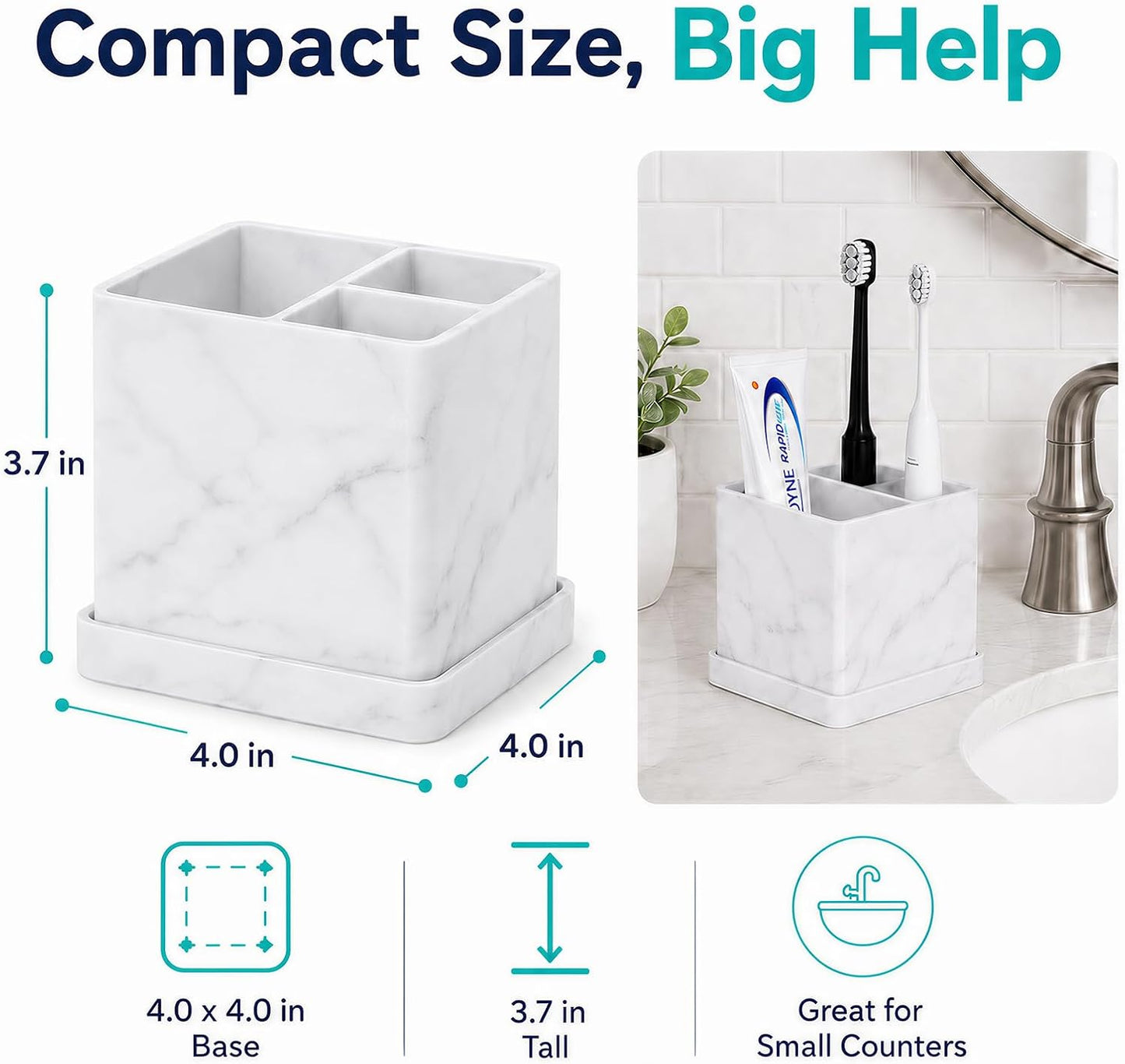 Silicone Toothbrush Holders for Bathrooms with Drainage Tray, White Marble | 3 Slots Unbreakable Countertop Electric Tooth Brush and Toothpaste Holder Organizer Stand, Marble Bathroom Accessories Decor