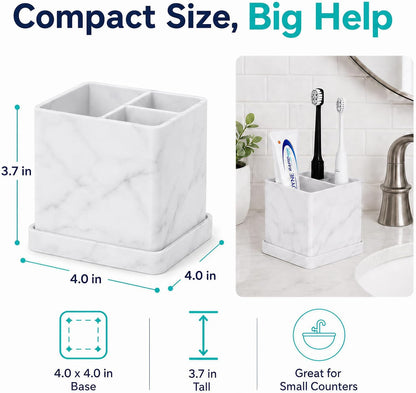 Silicone Toothbrush Holders for Bathrooms with Drainage Tray, White Marble | 3 Slots Unbreakable Countertop Electric Tooth Brush and Toothpaste Holder Organizer Stand, Marble Bathroom Accessories Decor