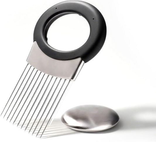Onion Holder for Slicing, Onion Cutter with Stainless Steel soap Tomato Potato Slicer, Meat Tenderizer Tool, Convenient Grip Food Slicer Assistant, Food Slice Guide for Vegetable Fruit