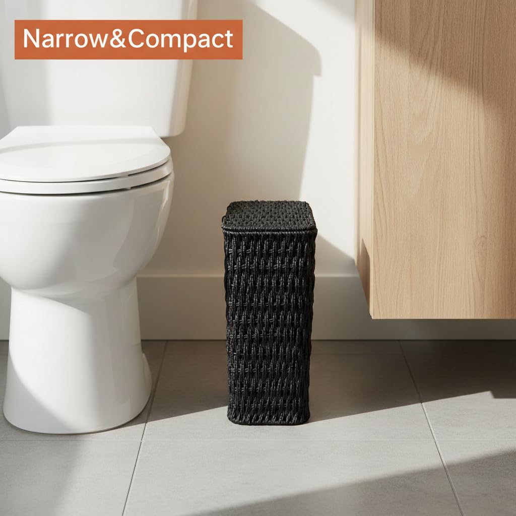 Coeusy 3 Gallon Wicker Trash Can,Small Bathroom Trash Can with Lid,Natural Water Hyacinth Wicker Waste Basket for Bedroom,Toilet,Narrow Garbage Can with Removable Liner
