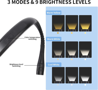 Book Light, 3-Color & 9-Brightness Reading Light, Bendable Neck Light, 60-hr Lasting Rechargeable Lamp, Perfect Book Light for Reading in Bed, Knitting, Camping (Classic, 1)
