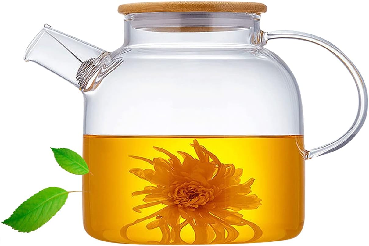 60.8oz Glass Teapot, Stovetop & Microwave Safe Glass Borosilicate Tea Pot,Clear Teapot with Strainer, Glass Tea Kettle with Wooden Lid, Loose Leaf、Fruit Tea and Fragrant Tea