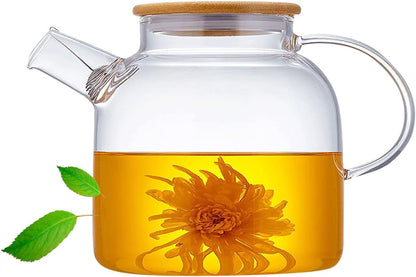 60.8oz Glass Teapot, Stovetop & Microwave Safe Glass Borosilicate Tea Pot,Clear Teapot with Strainer, Glass Tea Kettle with Wooden Lid, Loose Leaf、Fruit Tea and Fragrant Tea