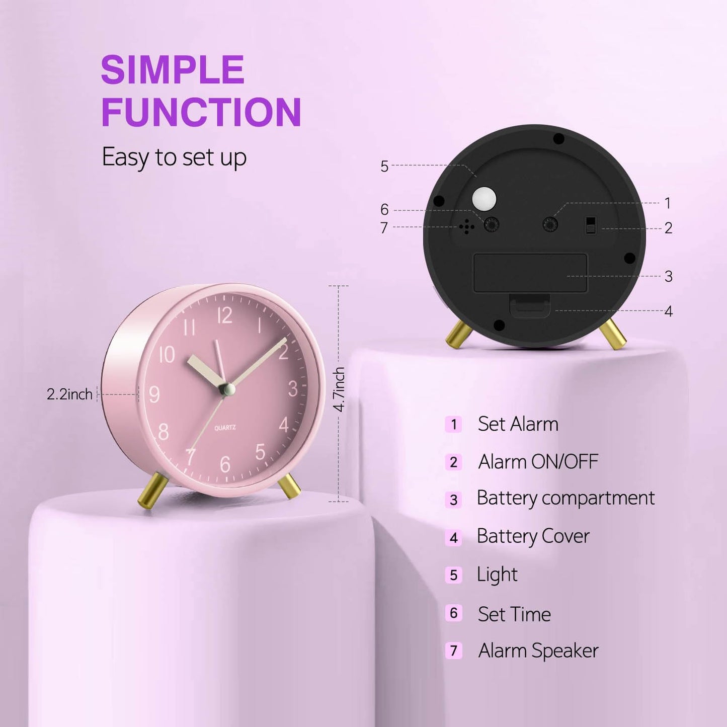 Back to School Silent Analog Quartz Alarm Clock for Kids Bedroom,Night Light, Battery Operated, Fashionable Round Metal