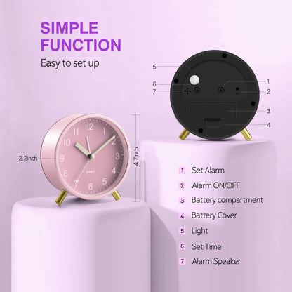Back to School Silent Analog Quartz Alarm Clock for Kids Bedroom,Night Light, Battery Operated, Fashionable Round Metal