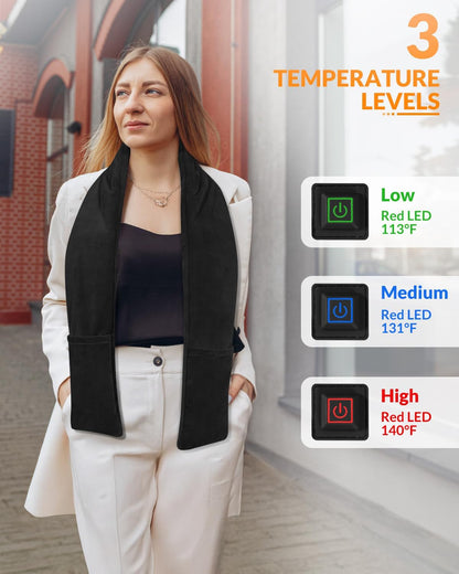 Electric Heated Scarf Pad Cordless 63'' Length Heating Soft Warmer with 10000mAh Rechargeable USB Power Bank, Adjustable 3 Heat Settings, Portable Wrap for Neck Brace and Shoulder, Black