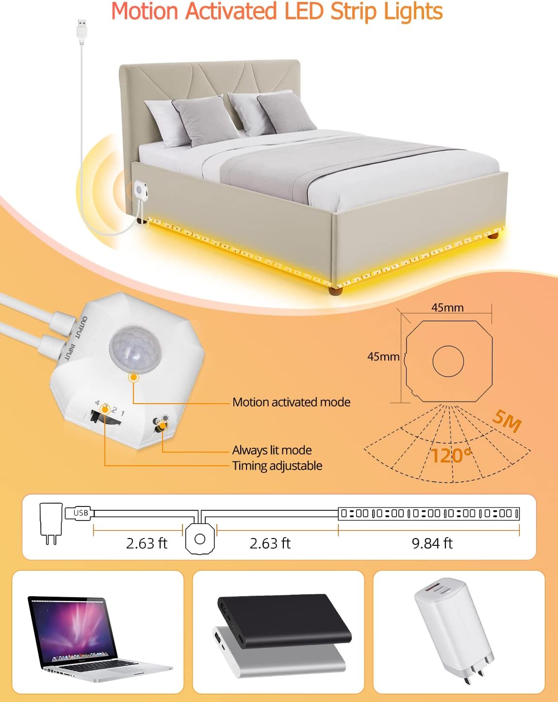 Daymeet Motion Sensor LED Strip Lights, 16.4ft RGB Motion Activated Under Bed Lights with Automatic Shut Off Timer App Control Cabinet Night Light Closet Lights for Hallway, Kitchen,Bedroom
