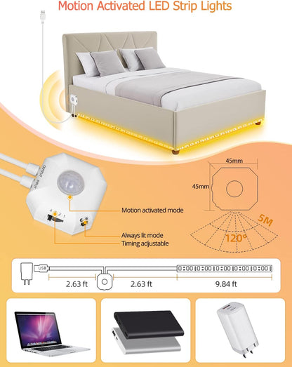 Daymeet Motion Sensor LED Strip Lights, 16.4ft RGB Motion Activated Under Bed Lights with Automatic Shut Off Timer App Control Cabinet Night Light Closet Lights for Hallway, Kitchen,Bedroom