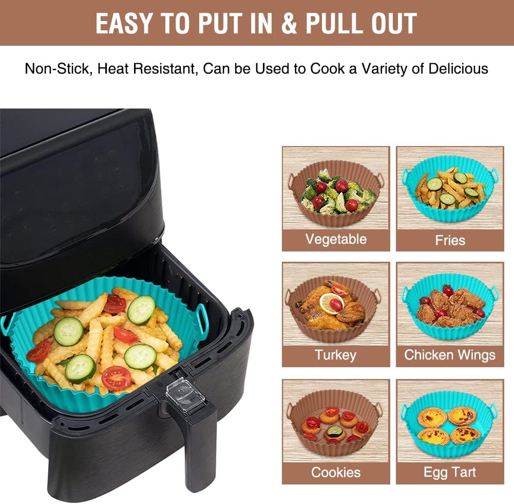 Silicone Air Fryer Liner 2 Pack, Xabzhzn 9 inch Non-Stick Reusable Air Fryer Liners for 5 to 6 7 8 QT Square and Round Basket, Airfryer Silicone Pot Baking Tray Oven Microwave Accessories, Blue+Brown