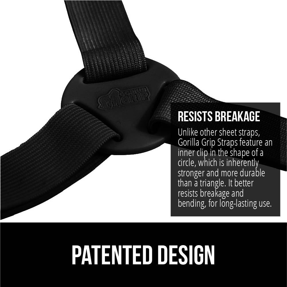 GORILLA GRIP Patented Bed Sheet Holders, Adjustable Elastic Fasteners with Metal Clips, Keep in Place Fitted Bedding Straps, Firm Tight Suspenders for Mattress, US Designed, 4 Pack Black