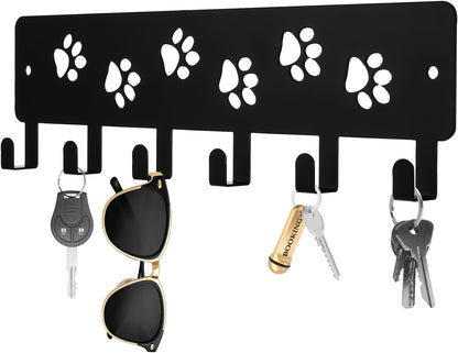 Key Holder Wall Mount & Dog Leash Holder for Wall, Metal Key Rack with 6 Hooks Decorative Animal Storage Rack Adhesive for Entrance Living Room Kitchen Dog Paws Design WallOrganizer