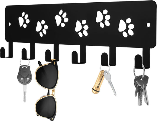 Key Holder Wall Mount & Dog Leash Holder for Wall, Metal Key Rack with 6 Hooks Decorative Animal Storage Rack Adhesive for Entrance Living Room Kitchen Dog Paws Design WallOrganizer