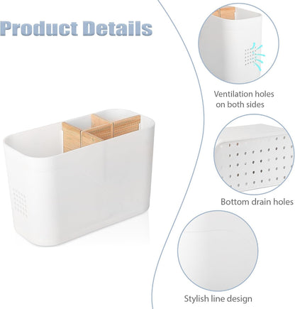 Electric Toothbrush Holder Tooth Brush and Toothpaste Organizer, Black | 3 Slots, Drainage Holes, Removable Bamboo Divider, Ventilation Design, Space-Saving, for Bathroom Countertop, Shower, Vanity