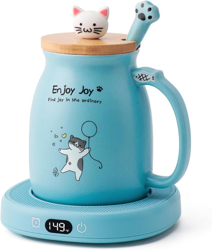 Cat Mug Coffee Mug Warmer Set for Desk Electric Heated Tea Cup Candle Plate | Cute Cat Cup Warmer Set, Self Heating Tea Warmer for Office Home, 8Hrs Auto Shut Off 4 Temperature Setting, Christmas Gift