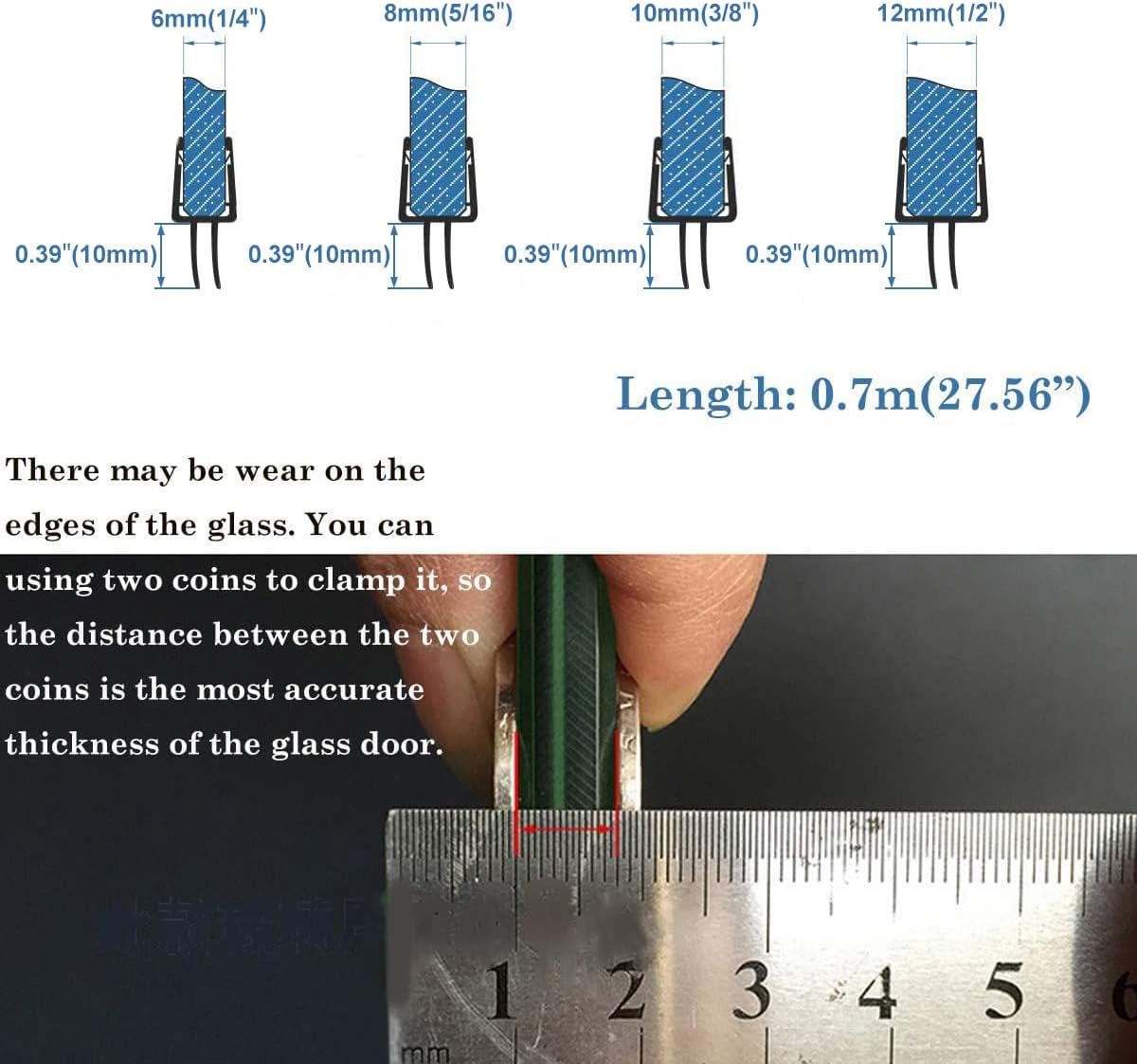 Frameless Glass Shower Door Sweep for 3/8" Glass, Bottom Seal with Drip Rail, 27.5" Long