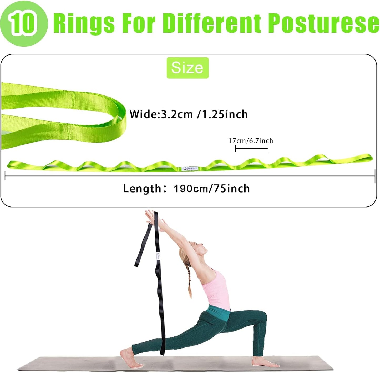 Oak-Sports Stretching Strap Yoga Strap for Physical Therapy with 10 Loops, Yoga Straps for Stretching, Upgraded Non-Elastic Stretch Band for Pilates, Dance and Gymnastics with Workout Guide