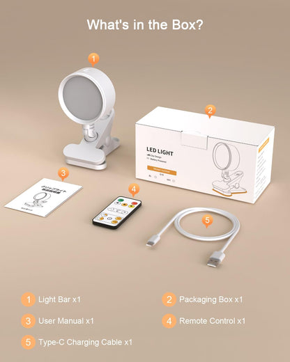 Clip on Light with 5000mAh Rechargeable Battery Operated, Eye Care Reading Light for Bed with 360° Rotation Touch & Remote, USB Clamp Light with 3 Color Modes & Dimmable for Headboard Bedside (black)