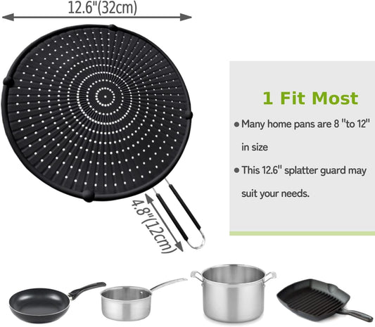 Silicone Splatter Screen for Frying Pan, Grease Splatter Guard for Frying Pan Heat Resistant Oil Splatter Guard, Multi-Use Pan Cover, Non Stick, Easy Clean 12.6" - Black