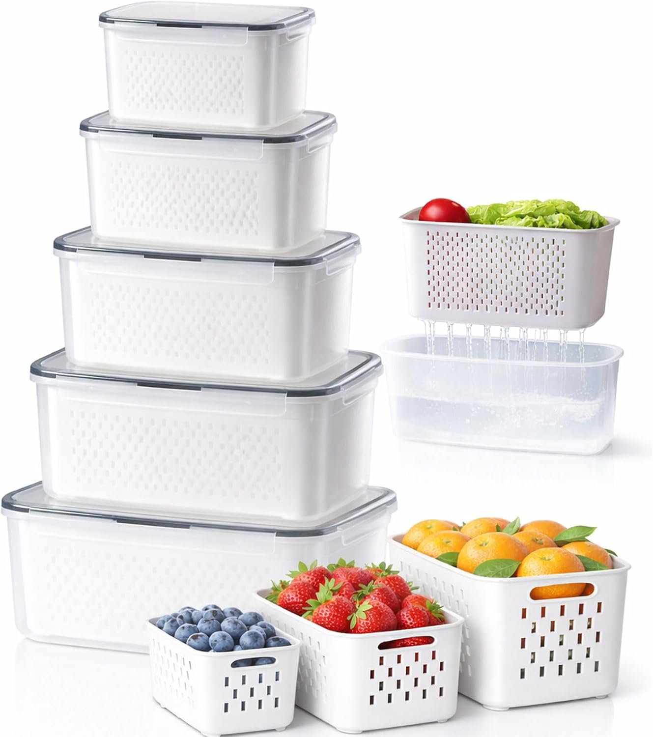 4-in-1 Produce Saver Containers - Fresh Berry Keeper with Removable Colander & Airtight Lid - Stackable Fruit and Vegetable Fridge Organizer Bins - BPA-Free Plastic Food Storage (3pcs)