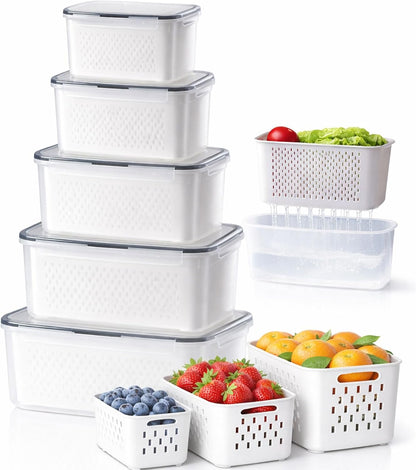 4-in-1 Produce Saver Containers - Fresh Berry Keeper with Removable Colander & Airtight Lid - Stackable Fruit and Vegetable Fridge Organizer Bins - BPA-Free Plastic Food Storage (3pcs)