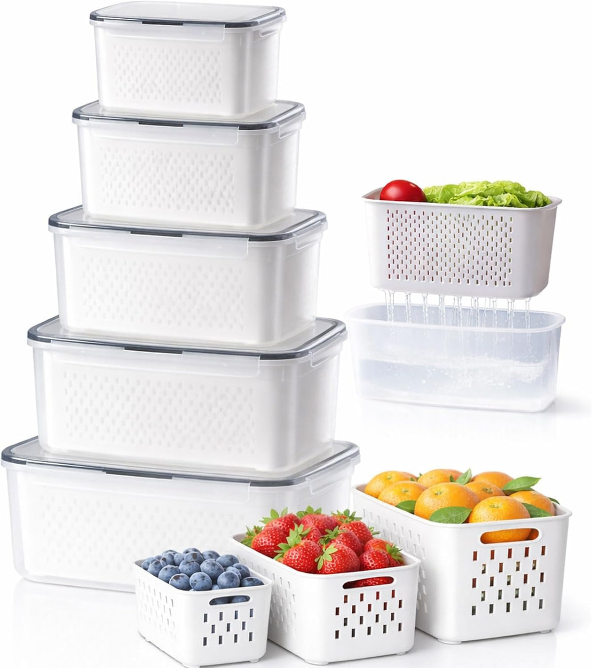 4-in-1 Produce Saver Containers - Fresh Berry Keeper with Removable Colander & Airtight Lid - Stackable Fruit and Vegetable Fridge Organizer Bins - BPA-Free Plastic Food Storage