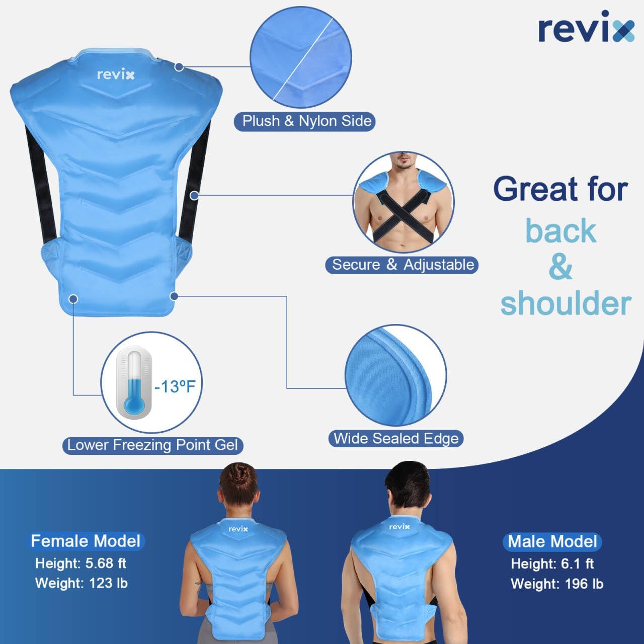 REVIX Large Ice Pack for Back and Shoulder Discomfort Relief, Reusable Gel Cold Pack with Soft Plush Lining, Flexible & Long-Lasting Cold Therapy Wrap, Navy
