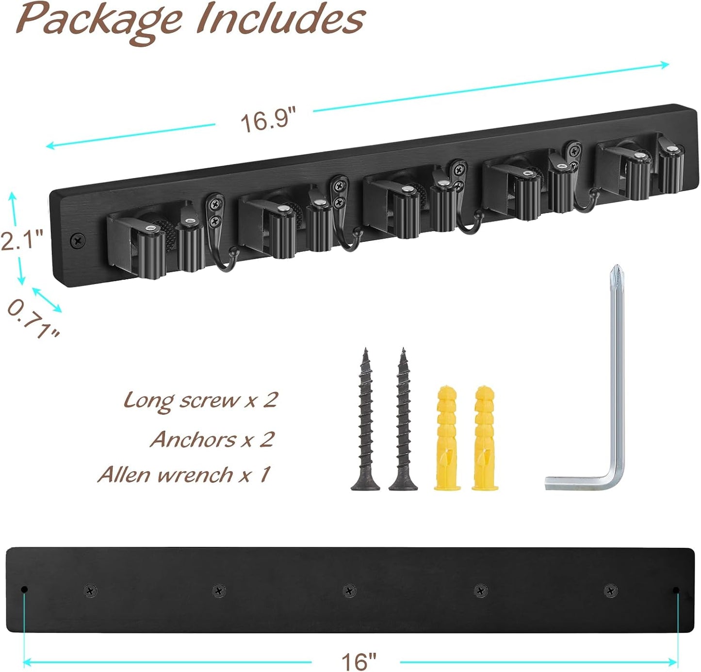 OUTNILI Mop and Broom Holder Wall Mount - Wood Broom Mop Hanger - Wall Mounted Garden Tool Rack Organizer for Closet Garage Laundry Room, Rustic Kitchen Decor With 4 Slots & 4 Hooks