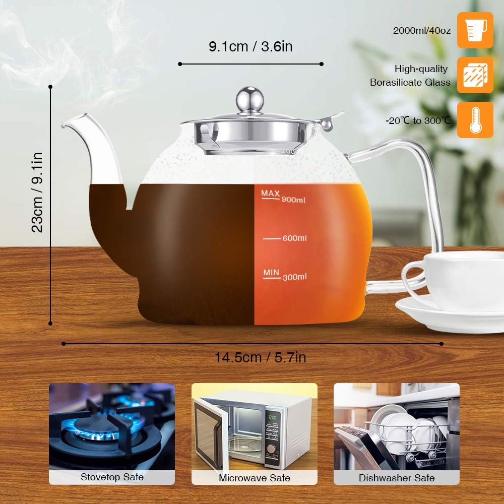 Glass Teapot, 40oz/1200ml Tea Pot with Removable Infuser for Loose Tea | Stovetop Safe Borosilicate Glass Tea Kettle with Strainer and Lid, Hand Crafted Clear Teapot with Scale Line,Tea Brewer Guide