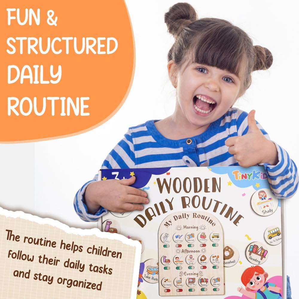 Daily Routine Chart for Kids, Visual Schedule, Routine Chart for Toddlers 3-5, Morning Bedtime Routine Chart for Toddlers, Wooden Chore Chart for Kids