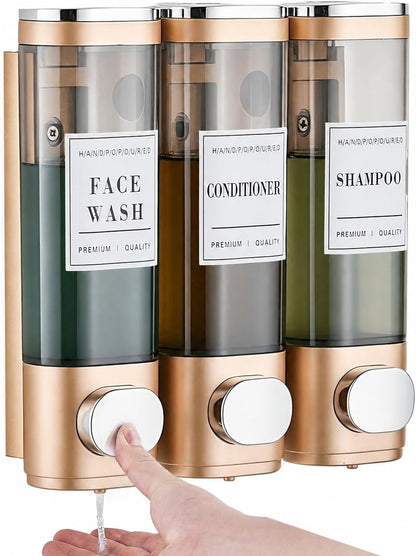 Wall Mounted Shower Soap Dispenser 3 Chamber,No Drill Shower Dispenser | Shampoo and Conditioner Dispenser for Bathroom Hotel Large Capacity, each 300ml with two waterproof labels,Gold