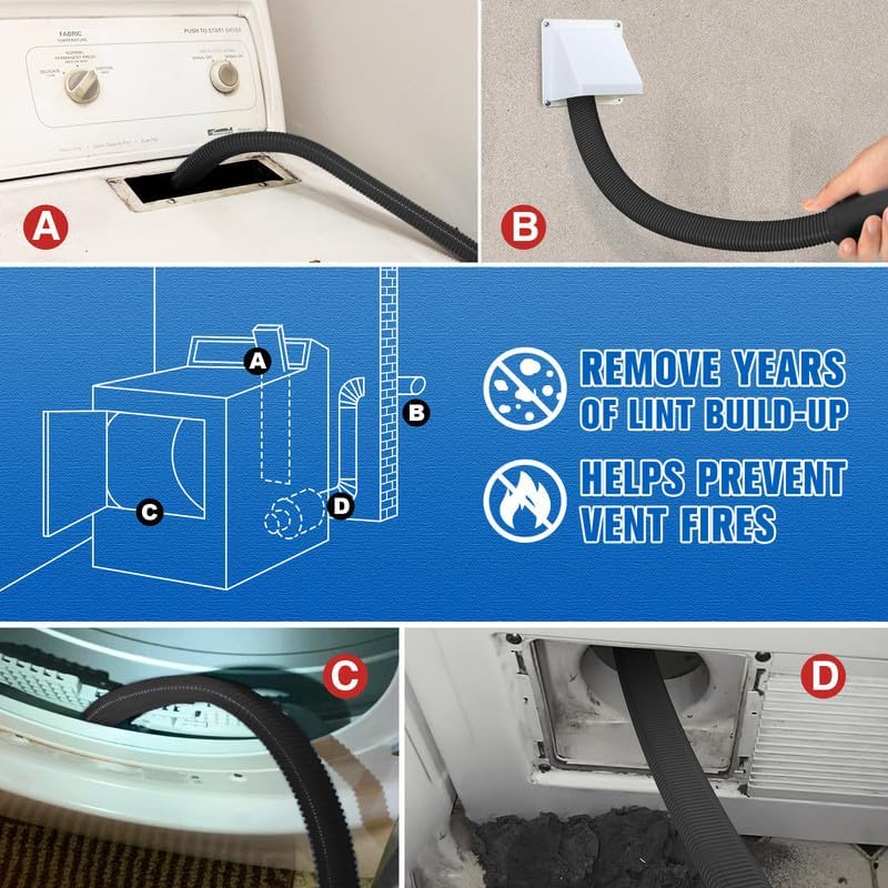 Sealegend 5Pack Dryer Vent Cleaner Kit Vacuum Hose Attachment & Brush Blue | Whistle-Free Hose | Universal Connector Fits Most Vacuums | 4 Brushes for Dryer Vents, Refrigerator Coils, Drains & Sinks