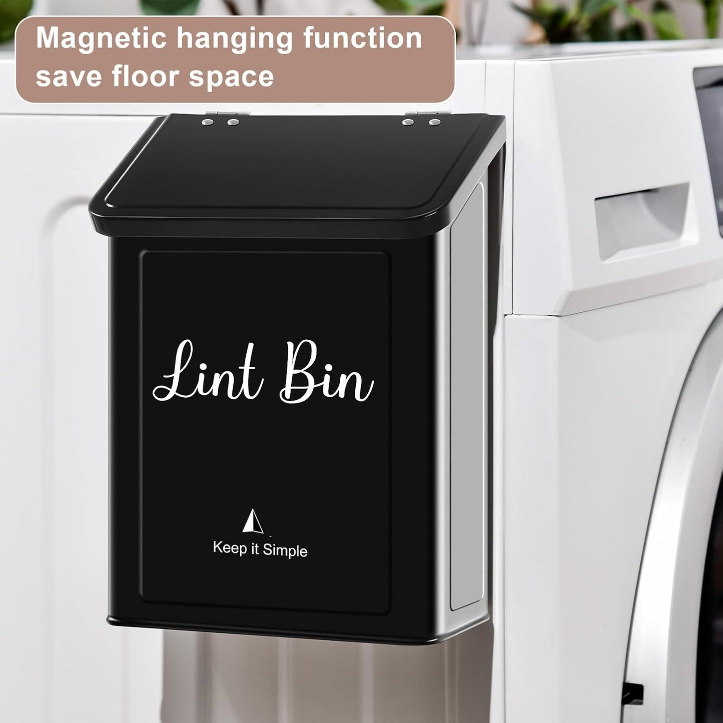 SUBEKYU Magnetic Lint Bin for Laundry Room Organization and Storage,White | Wall Mounted Metal Lint Box Holder Trash Can with Lid for Dryer,Lint Basket for Laundry Room Decor