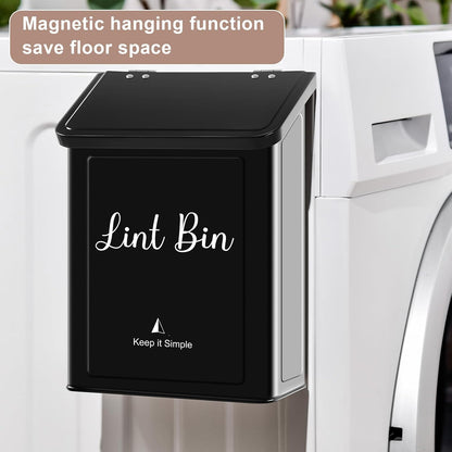 SUBEKYU Magnetic Lint Bin for Laundry Room Organization and Storage,White | Wall Mounted Metal Lint Box Holder Trash Can with Lid for Dryer,Lint Basket for Laundry Room Decor