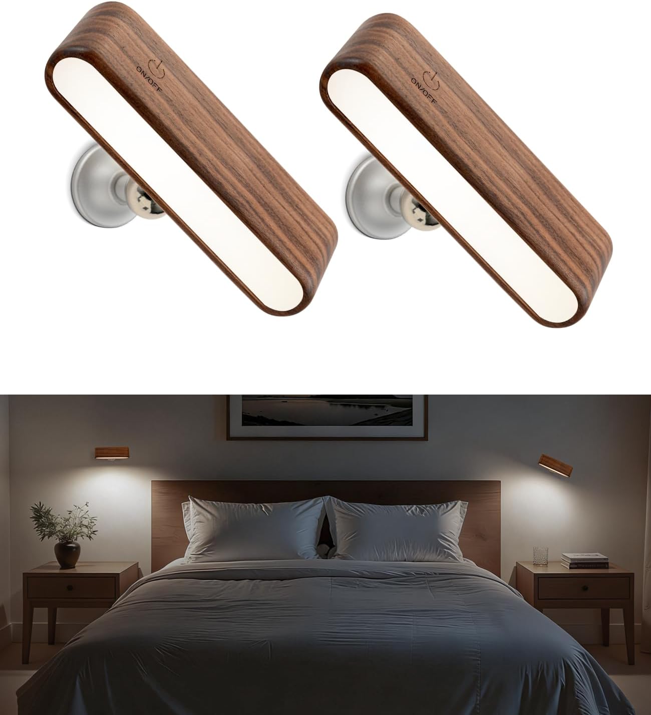 Rechargeable Wall Sconce, Reading Light for Bed, Magnetic Wood Lamp | Set of 2, Black Walnut, Touch Control, Adjustable Brightness, 4000K Nautral Light for Reading, Headboard Light, 360° Rotation