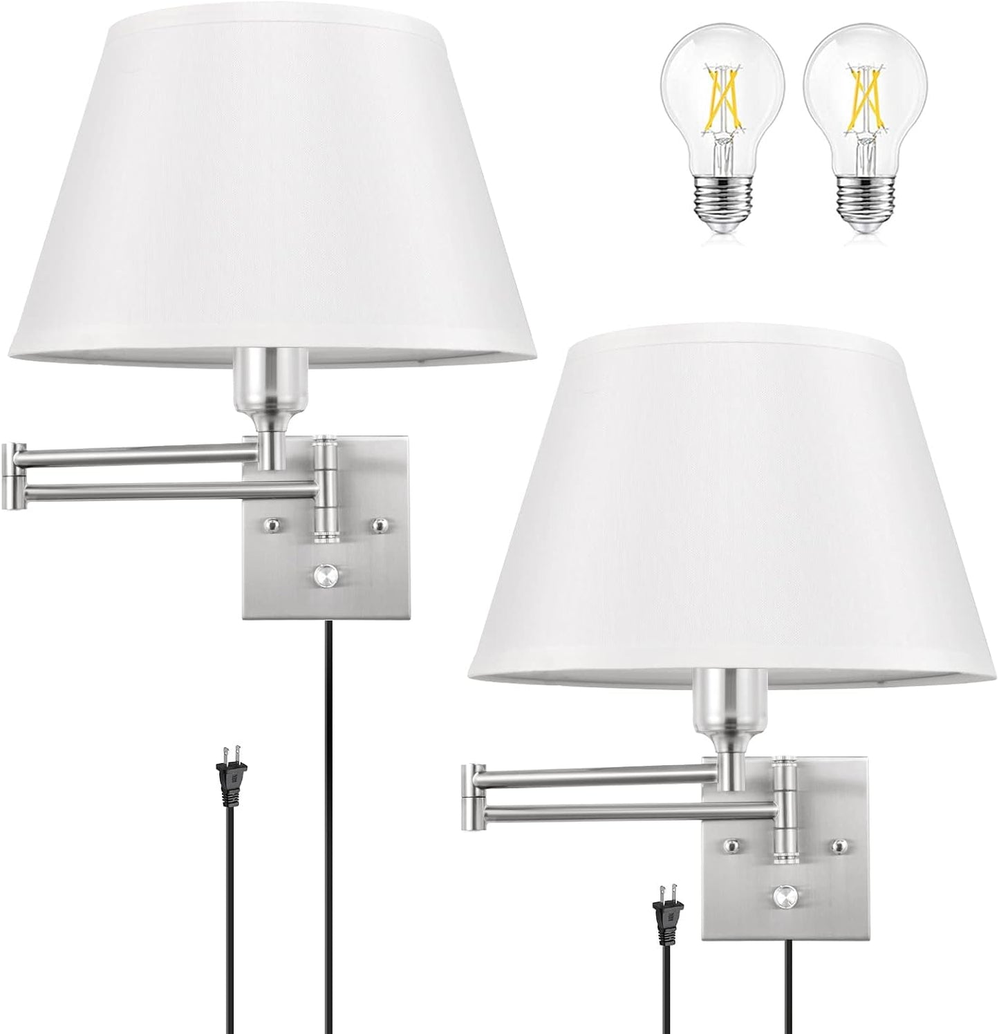 TRLIFE Wall Sconce Plug in, Dimmable Wall Sconces Set of Two Swing Arm Wall Lights with Plug in Cord and On/Off Dimmer Rotary Switch, 9.4" Medium Beige Fabric Shade(2 Pack, 2 Bulbs)