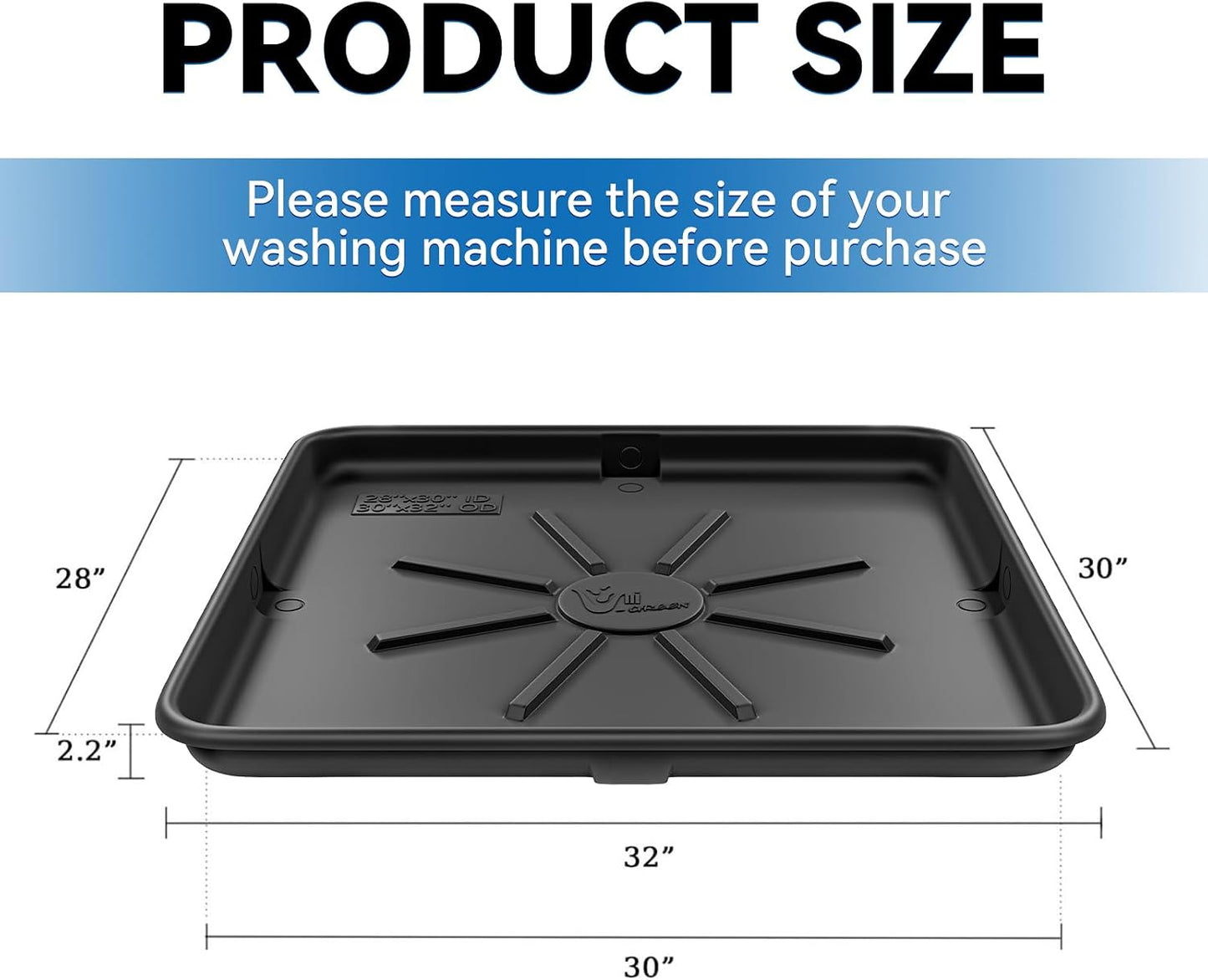 30x32inch Washing Machine Drain Pan, with Raised Edge, Black | Heavy Durable Plastic, with 1" Drain Fittings, Laundry Floor Protector, Waterproof Washing Machine Tray, Leak-Proof