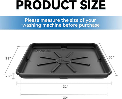 30x32inch Washing Machine Drain Pan, with Raised Edge, Black | Heavy Durable Plastic, with 1" Drain Fittings, Laundry Floor Protector, Waterproof Washing Machine Tray, Leak-Proof