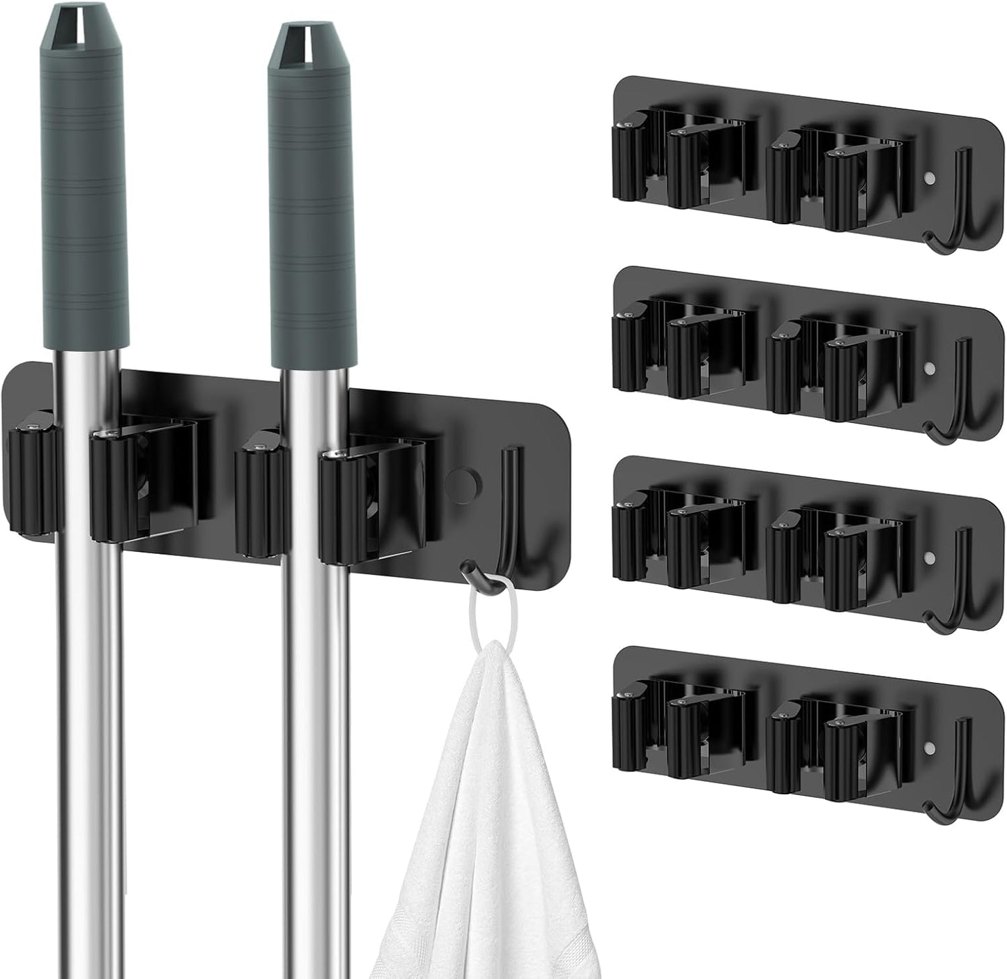 homeasy Wall Mount Mop and Broom Holder, Heavy Duty Stainless Steel Organizer Rack with Hooks | 2-Pack, 2-in-1 No Drill & Screw Installation, Silver