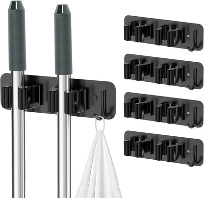 homeasy Wall Mount Mop and Broom Holder, Heavy Duty Stainless Steel Organizer Rack with Hooks | 2-Pack, 2-in-1 No Drill & Screw Installation, Silver