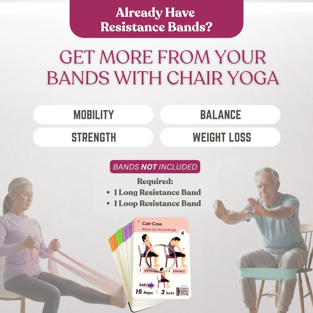 [All-in-One Kit] Chair Yoga for Seniors Over 60 | Cards + Bands + QR Videos | 71 Large Print Durable Cards • 6 Guided Flows • Build Mobility, Balance, Strength & Cardio • Gift for Parents & Grandparents