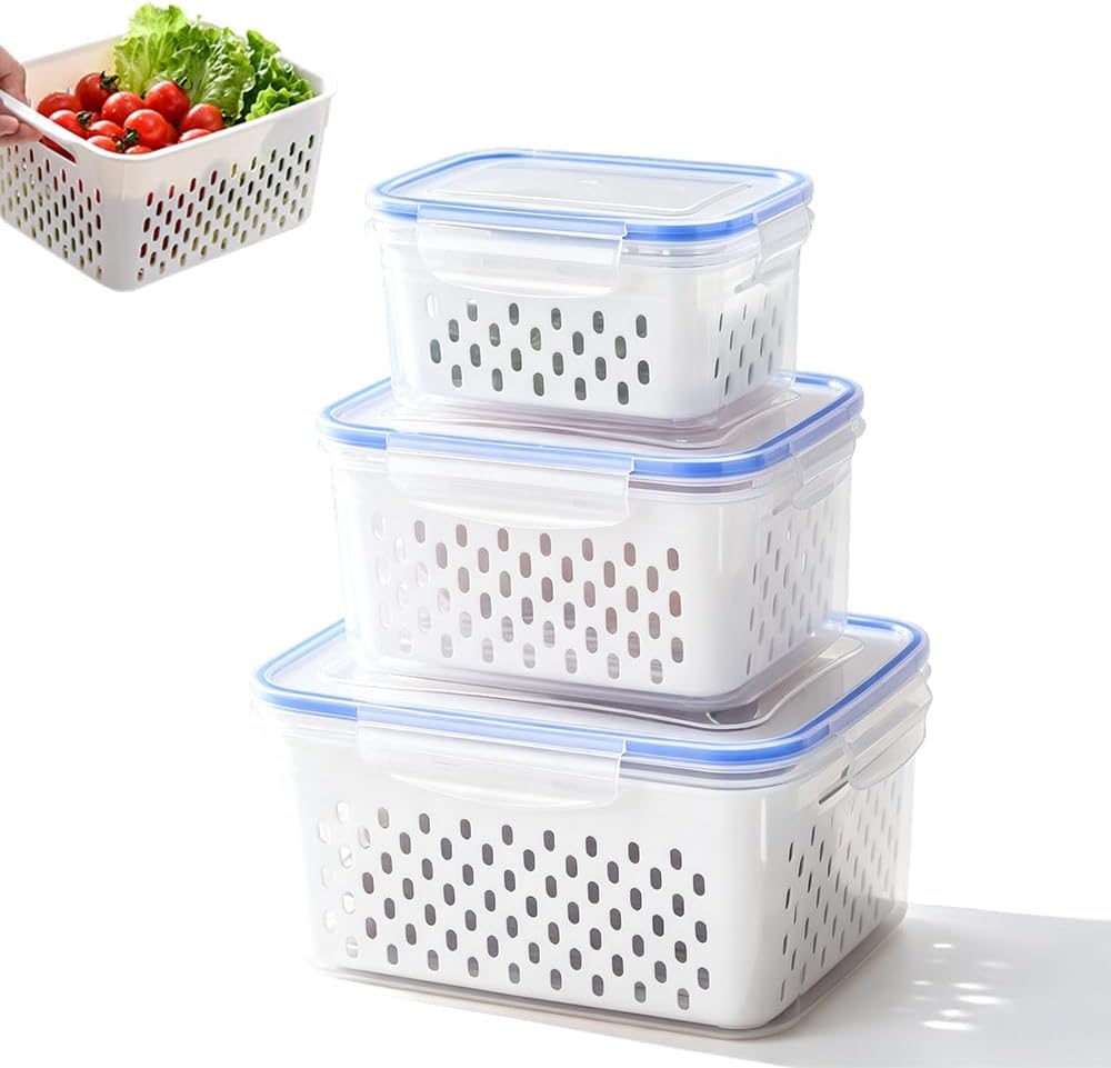 Fruit Storage Containers for Fridge, Leakproof Produce Containers with Colanders & Lids, Refrigerator Organizers and Storage for Berry Vegetable Salad Lettuce Meat Food, Blue, S+M+L