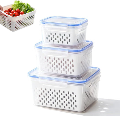 Fruit Storage Containers for Fridge, Leakproof Produce Containers with Colanders & Lids, Refrigerator Organizers and Storage for Berry Vegetable Salad Lettuce Meat Food, Blue, S+M+L