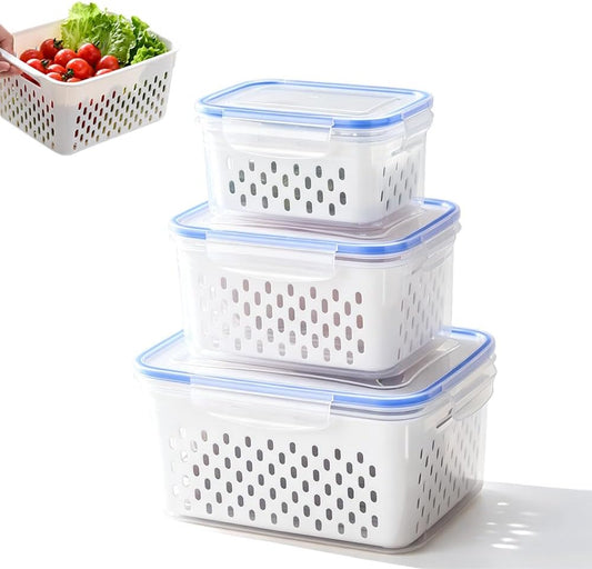 Fruit Storage Containers for Fridge, Leakproof Produce Containers with Colanders & Lids, Refrigerator Organizers and Storage for Berry Vegetable Salad Lettuce Meat Food, Blue, S+M+L