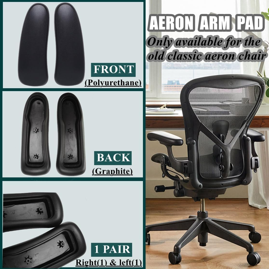 Chair Armrest Replacement, Arm Pad Caps Replacement for Herman Miller Classic Aeron Chair Graphite Black 1 Pair