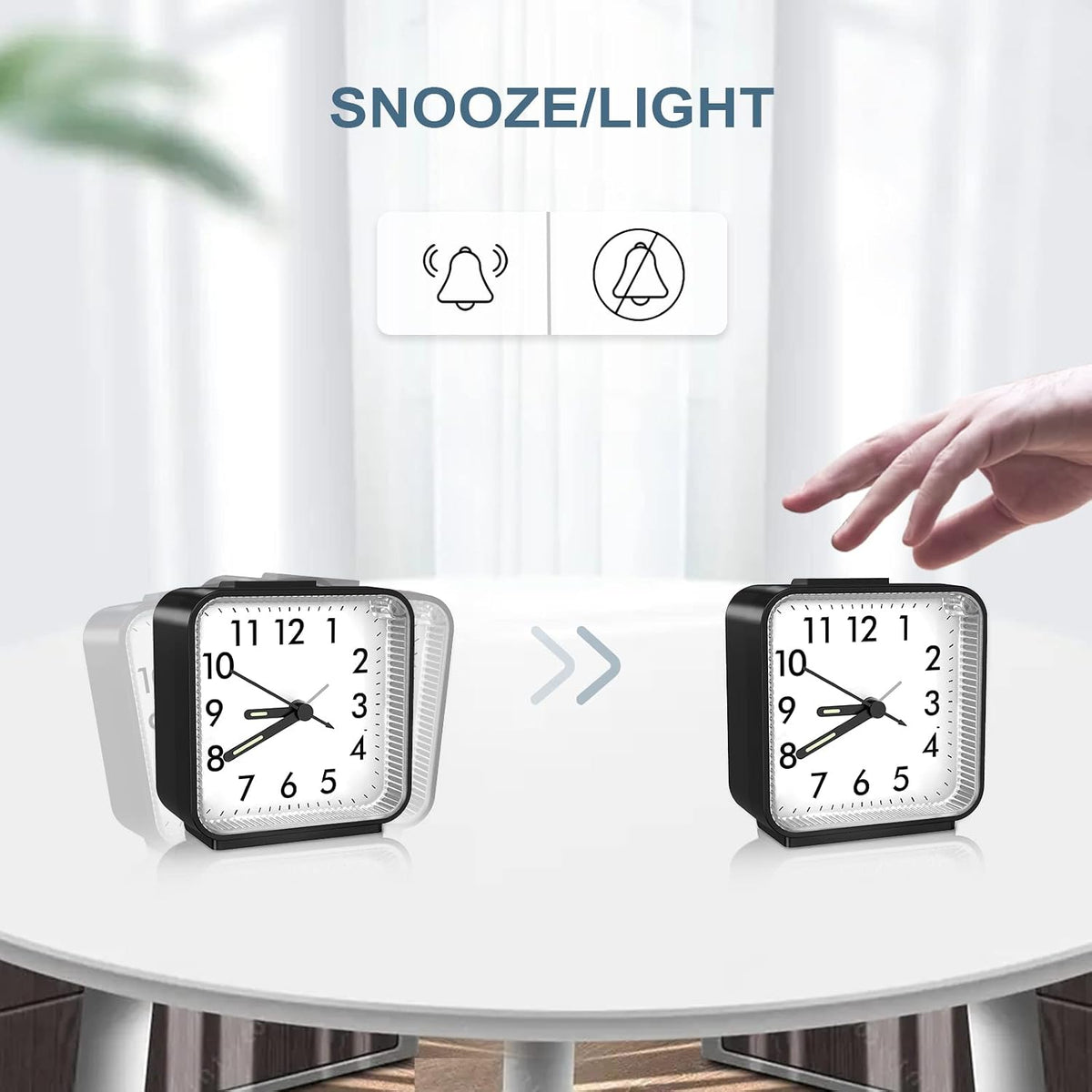 Analog Alarm Clock, Silent Non Ticking Table Clock, Travel Bedside Clock with Snooze, Night Light, Ascending Beep Sounds, Battery Operated Loud Small Clocks for Bedroom Travel Office, Black