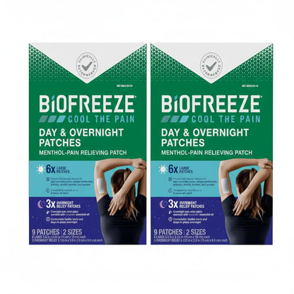 Biofreeze Day & Overnight Pain Relief Patches, Menthol Pain Patches for Arthritis & Muscle Pain Relief, Comfortable & Flexible Fabric Stays in Place, 9 Patches (6 Day, 3 Night)